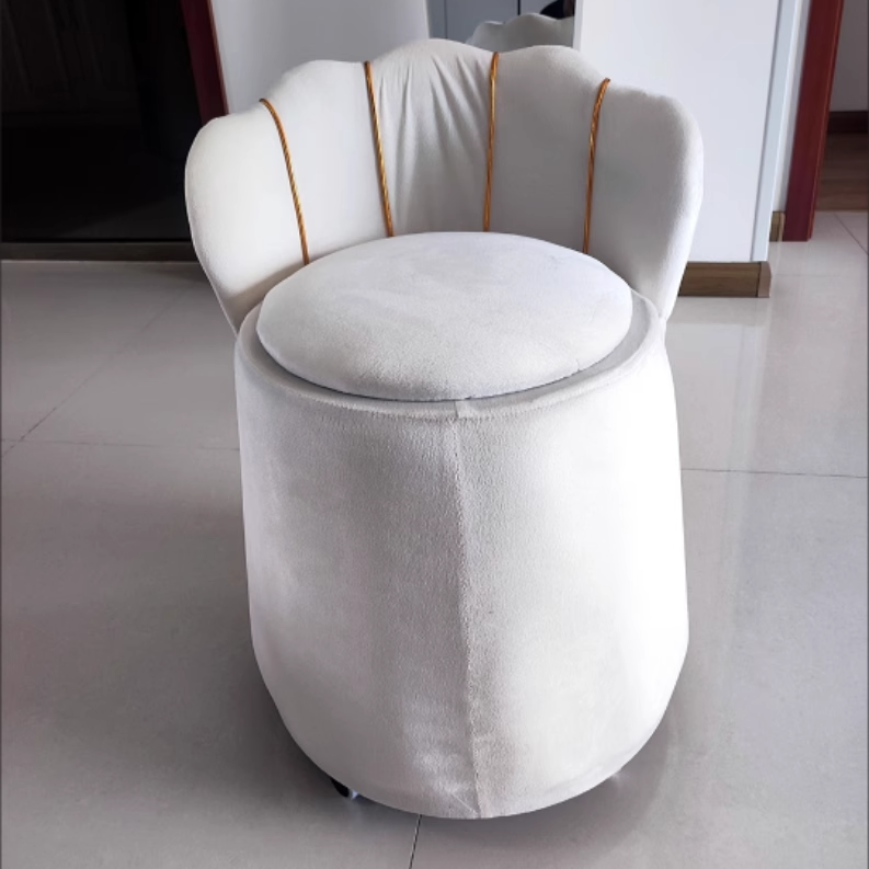 Contemporary Nordic Velvet & Wood Petal-Shaped Round Vanity Stool With 1-Storage For Bedroom & Living Room
