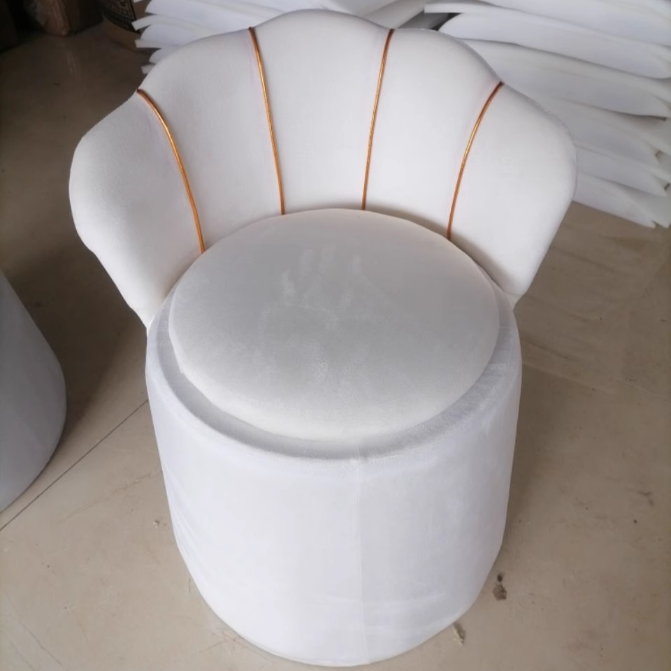 Contemporary Nordic Velvet & Wood Petal-Shaped Round Vanity Stool With 1-Storage For Bedroom & Living Room