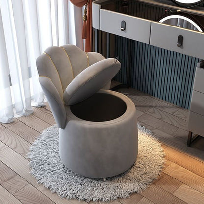 Contemporary Nordic Velvet & Wood Petal-Shaped Round Vanity Stool With 1-Storage For Bedroom & Living Room