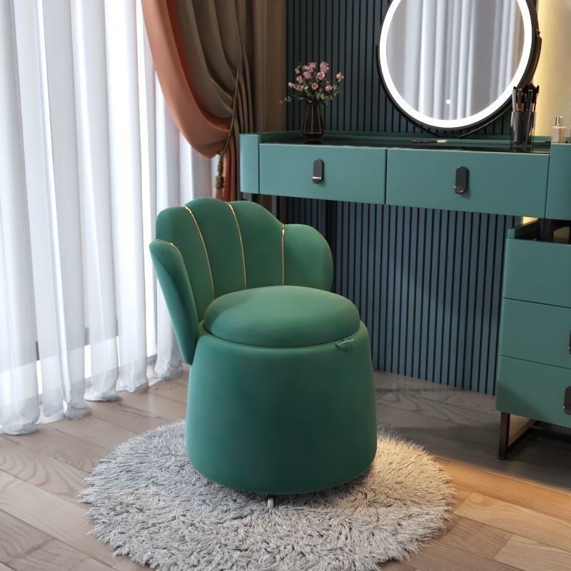 Contemporary Nordic Velvet & Wood Petal-Shaped Round Vanity Stool With 1-Storage For Bedroom & Living Room