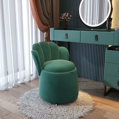 Contemporary Nordic Velvet & Wood Petal-Shaped Round Vanity Stool With 1-Storage For Bedroom & Living Room