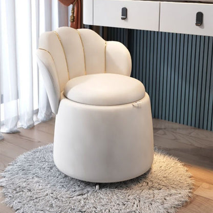 Contemporary Nordic Velvet & Wood Petal-Shaped Round Vanity Stool With 1-Storage For Bedroom & Living Room