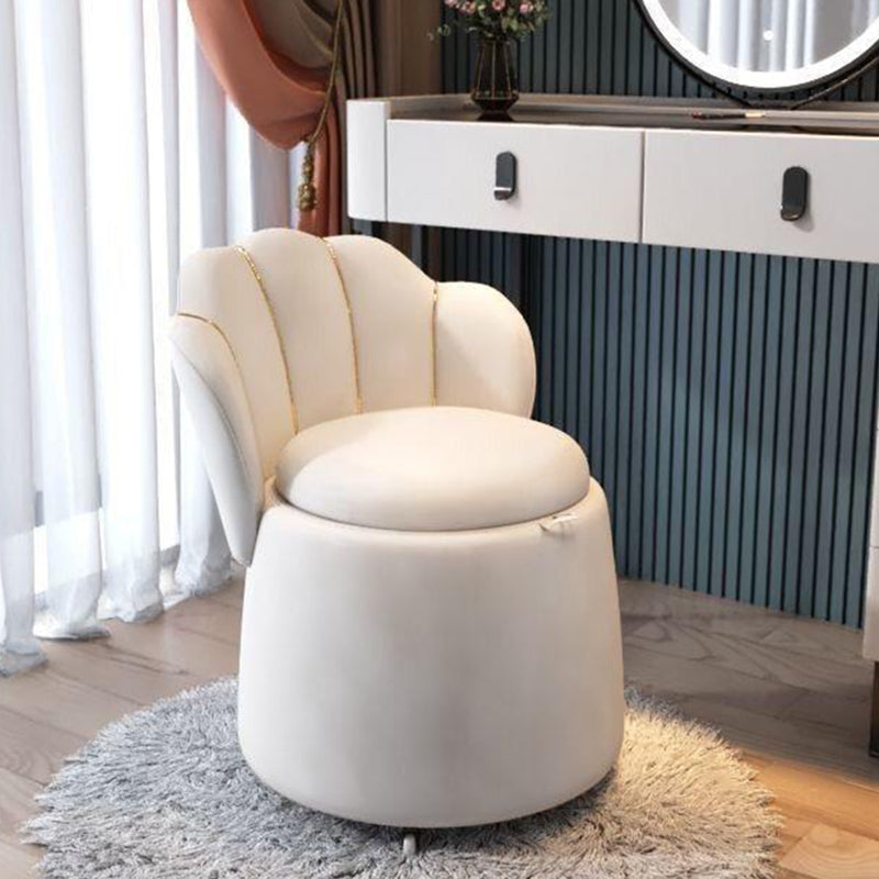 Contemporary Nordic Velvet & Wood Petal-Shaped Round Vanity Stool With 1-Storage For Bedroom & Living Room