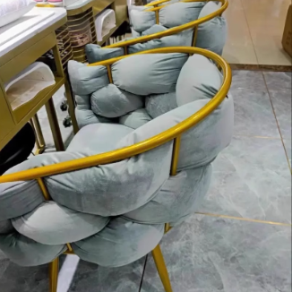 Contemporary Nordic Velvet & Metal Bubble Curved Vanity Stool With Adjustable Feet For Bedroom & Living Room