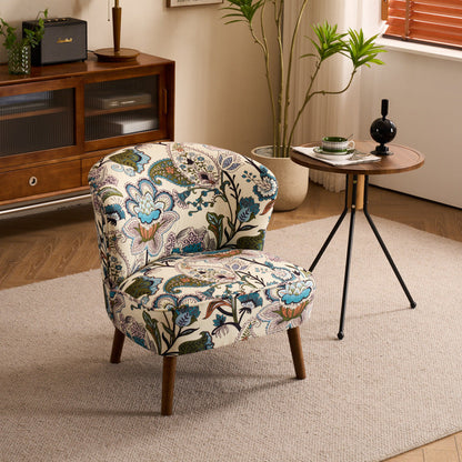 Traditional French Fabric, Corduroy & Wood Square Curved Accent Chair For Bedroom And Living Room