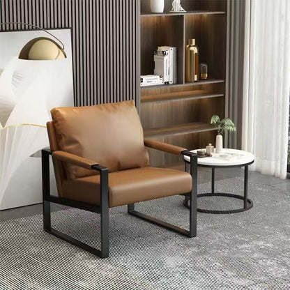 Contemporary Nordic Faux Nappa Leather & Iron Square Accent Chair For Bedroom & Living Room