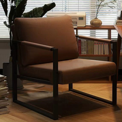 Contemporary Nordic Faux Nappa Leather & Iron Square Accent Chair For Bedroom & Living Room