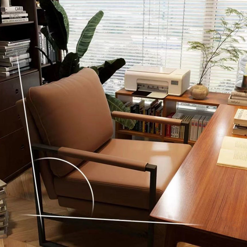 Contemporary Nordic Faux Nappa Leather & Iron Square Accent Chair For Bedroom & Living Room