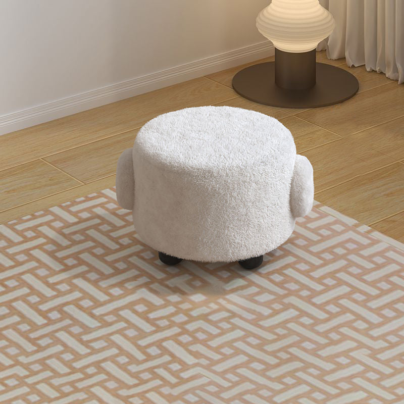 Contemporary Nordic Lambswool Wood Round Low Stool For Bedroom & Living Room