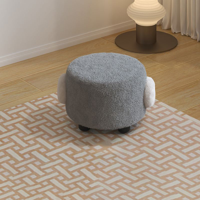 Contemporary Nordic Lambswool Wood Round Low Stool For Bedroom & Living Room