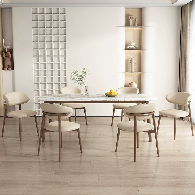 Contemporary Scandinavian Faux Leather Solid Wood Curved Horn Rounded Square Dining Chair With Ergonomic Back For Living Room & Dining Room