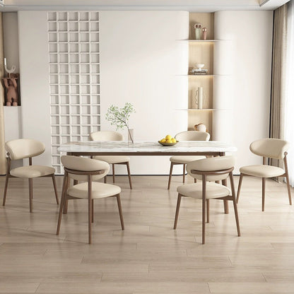 Contemporary Scandinavian Faux Leather Solid Wood Curved Horn Rounded Square Dining Chair With Ergonomic Back For Living Room & Dining Room