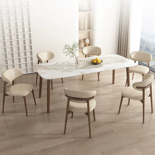 Contemporary Scandinavian Faux Leather Solid Wood Curved Horn Rounded Square Dining Chair With Ergonomic Back For Living Room & Dining Room