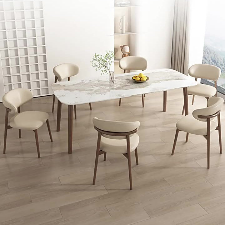 Contemporary Scandinavian Faux Leather Solid Wood Curved Horn Rounded Square Dining Chair With Ergonomic Back For Living Room & Dining Room