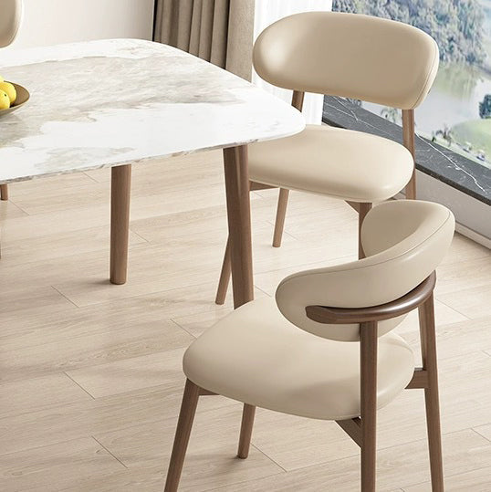 Contemporary Scandinavian Faux Leather Solid Wood Curved Horn Rounded Square Dining Chair With Ergonomic Back For Living Room & Dining Room