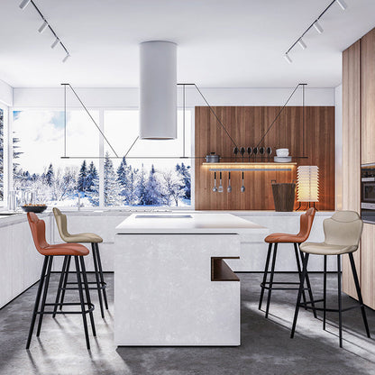 Contemporary Scandinavian Faux Leather Carbon Steel Arched Bar Stool With Backrest For Dining Room & Living Room