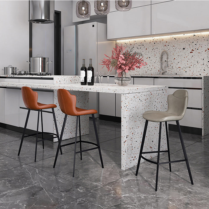 Contemporary Scandinavian Faux Leather Carbon Steel Arched Bar Stool With Backrest For Dining Room & Living Room