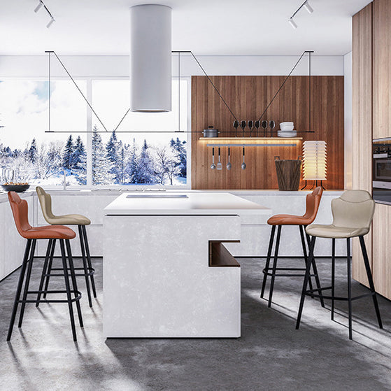 Contemporary Scandinavian Faux Leather Carbon Steel Arched Bar Stool With Backrest For Dining Room & Living Room