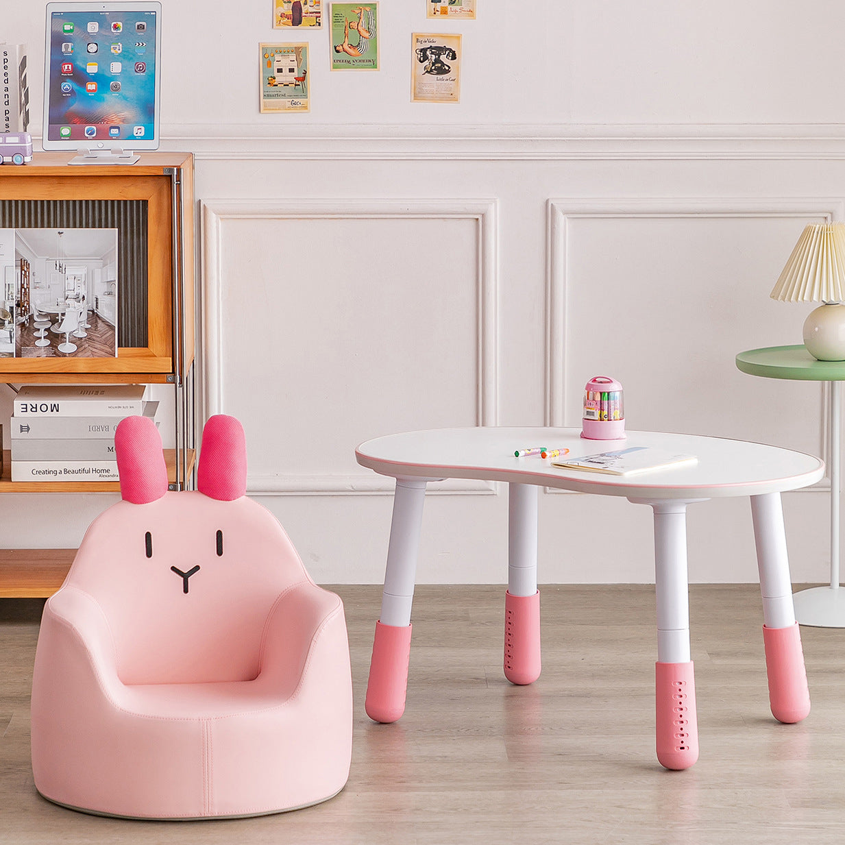 Modern Art Deco Wood Leather Animal-Shaped Kids Chair With Backrest & Armrest For Bedroom & Living Room