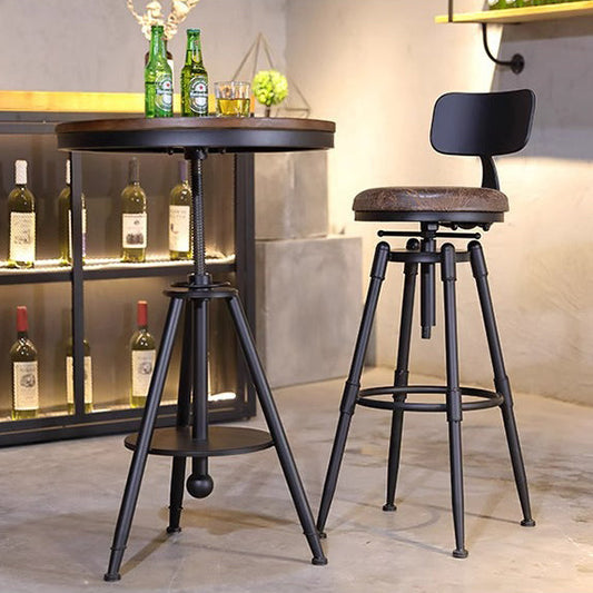 Contemporary Industrial Solid Wood Leather Iron Round Square Bar Stool With Backrest For Living Room & Dining Room