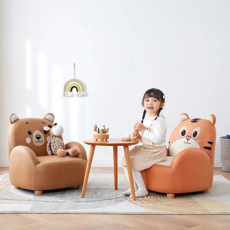 Modern Art Deco Kids Leather Solid Wood Tiger & Bear Shape Chair With Backrest Armrests For Bedroom & Living Room