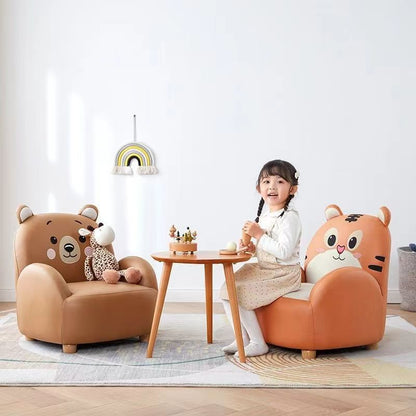 Modern Art Deco Kids Leather Solid Wood Tiger & Bear Shape Chair With Backrest Armrests For Bedroom & Living Room