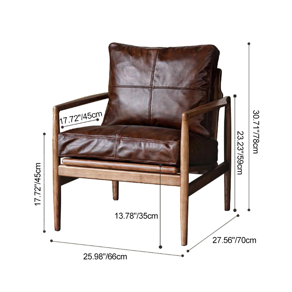 Traditional Japanese Leather Wood Square Straight-Edge Accent Chair With Backrest Armrests For Bedroom & Living Room