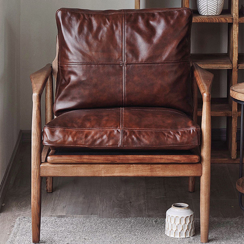 Traditional Japanese Leather Wood Square Straight-Edge Accent Chair With Backrest Armrests For Bedroom & Living Room