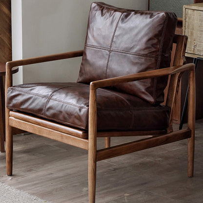 Traditional Japanese Leather Wood Square Straight-Edge Accent Chair With Backrest Armrests For Bedroom & Living Room