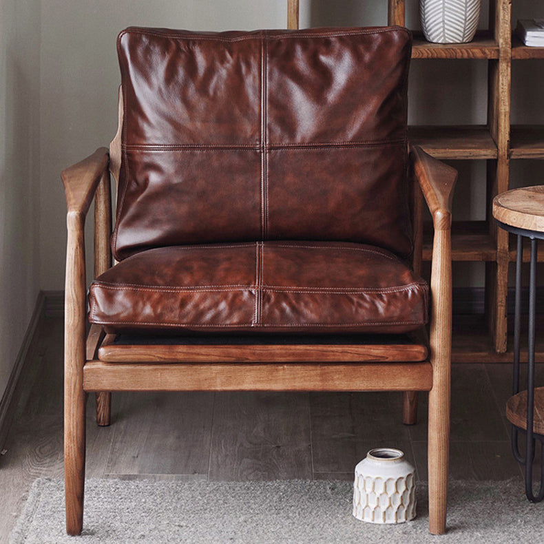 Traditional Japanese Leather Wood Square Straight-Edge Accent Chair With Backrest Armrests For Bedroom & Living Room