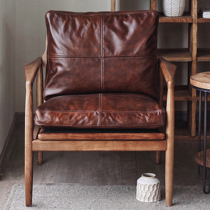 Traditional Japanese Leather Wood Square Straight-Edge Accent Chair With Backrest Armrests For Bedroom & Living Room