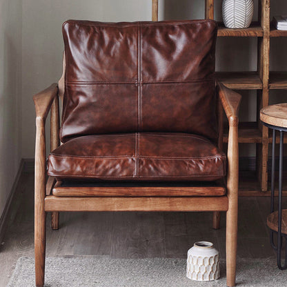 Traditional Japanese Leather Wood Square Straight-Edge Accent Chair With Backrest Armrests For Bedroom & Living Room