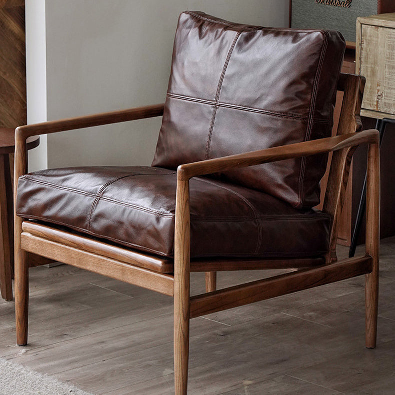 Traditional Japanese Leather Wood Square Straight-Edge Accent Chair With Backrest Armrests For Bedroom & Living Room