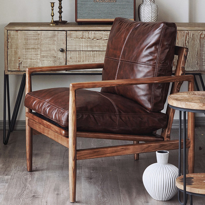 Traditional Japanese Leather Wood Square Straight-Edge Accent Chair With Backrest Armrests For Bedroom & Living Room