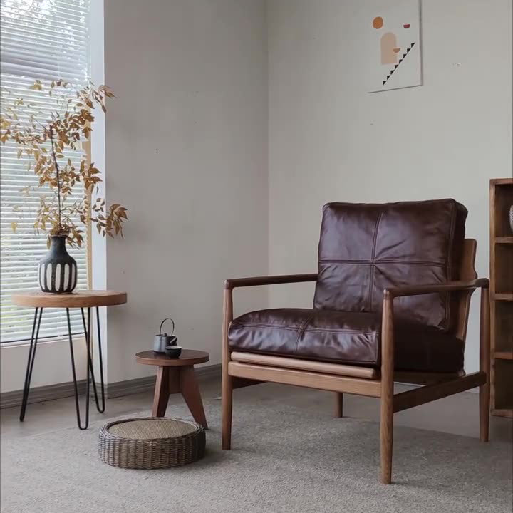 Traditional Japanese Leather Wood Square Straight-Edge Accent Chair With Backrest Armrests For Bedroom & Living Room