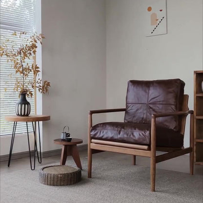 Traditional Japanese Leather Wood Square Straight-Edge Accent Chair With Backrest Armrests For Bedroom & Living Room
