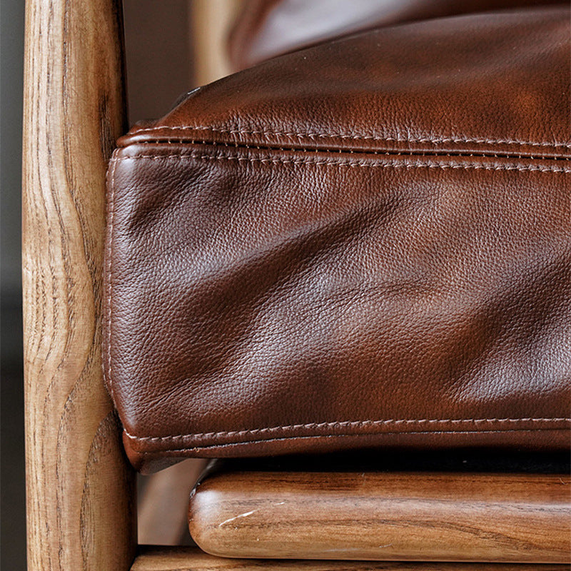 Traditional Japanese Leather Wood Square Straight-Edge Accent Chair With Backrest Armrests For Bedroom & Living Room