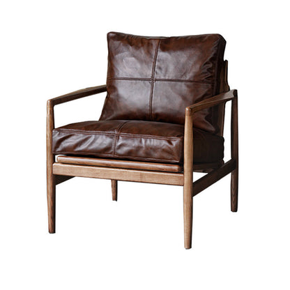 Traditional Japanese Leather Wood Square Straight-Edge Accent Chair With Backrest Armrests For Bedroom & Living Room