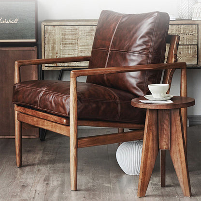 Traditional Japanese Leather Wood Square Straight-Edge Accent Chair With Backrest Armrests For Bedroom & Living Room