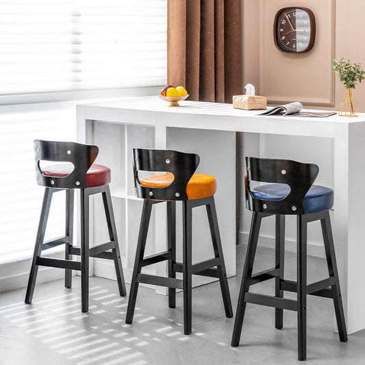 Modern Minimalist Leather & Solid Wood Round Horn-Shaped Bar Stool With Backrest For Living Room & Dining Room