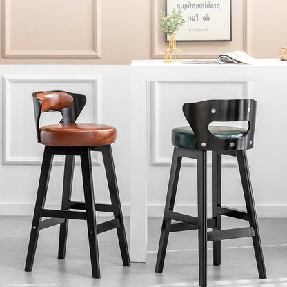 Modern Minimalist Leather & Solid Wood Round Horn-Shaped Bar Stool With Backrest For Living Room & Dining Room