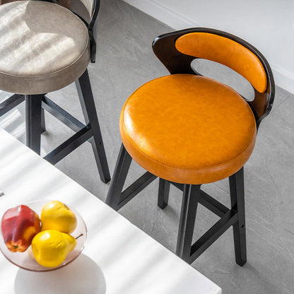 Modern Minimalist Leather & Solid Wood Round Horn-Shaped Bar Stool With Backrest For Living Room & Dining Room