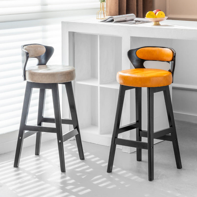 Modern Minimalist Leather & Solid Wood Round Horn-Shaped Bar Stool With Backrest For Living Room & Dining Room