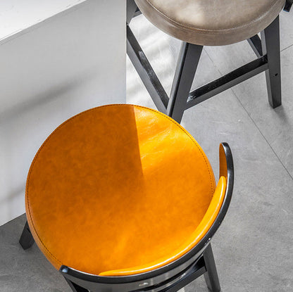 Modern Minimalist Leather & Solid Wood Round Horn-Shaped Bar Stool With Backrest For Living Room & Dining Room
