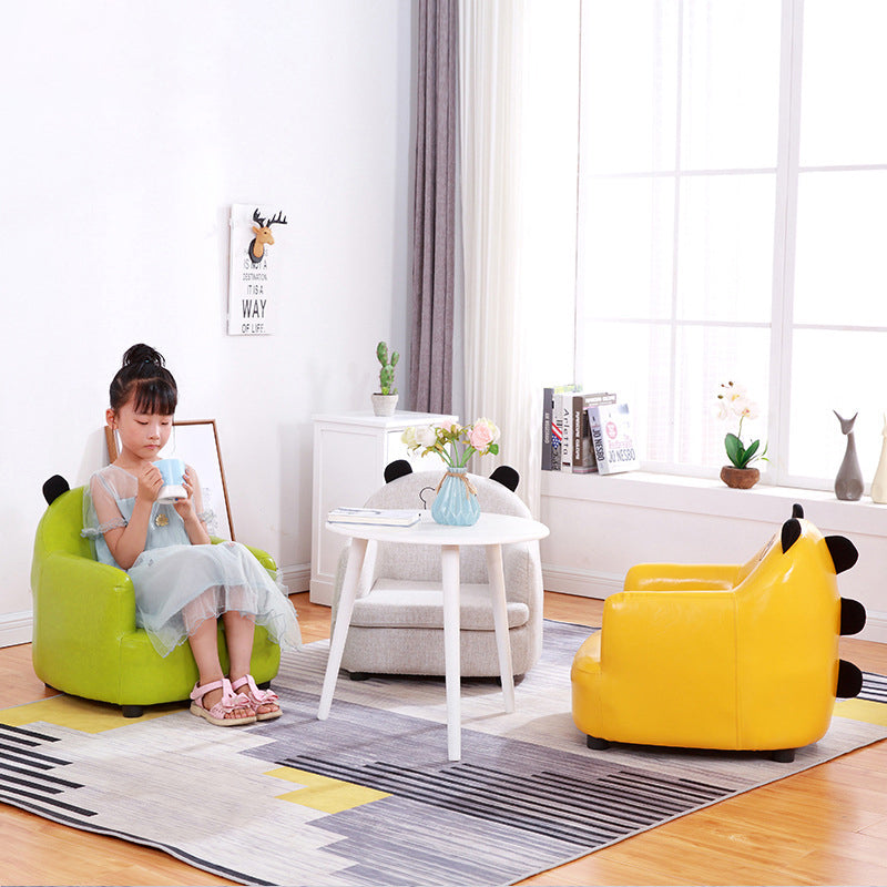 Modern Art Deco Oil-Waxed Leather Solid Wood Animal-Shaped Kids Accent Chair With Backrest & Armrests For Bedroom & Living Room