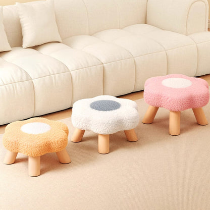 Modern Art Deco Faux Fleece Solid Wood Flower-Shaped Cylinder Low Stool For Bedroom & Living Room