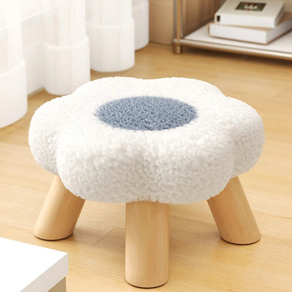 Modern Art Deco Faux Fleece Solid Wood Flower-Shaped Cylinder Low Stool For Bedroom & Living Room