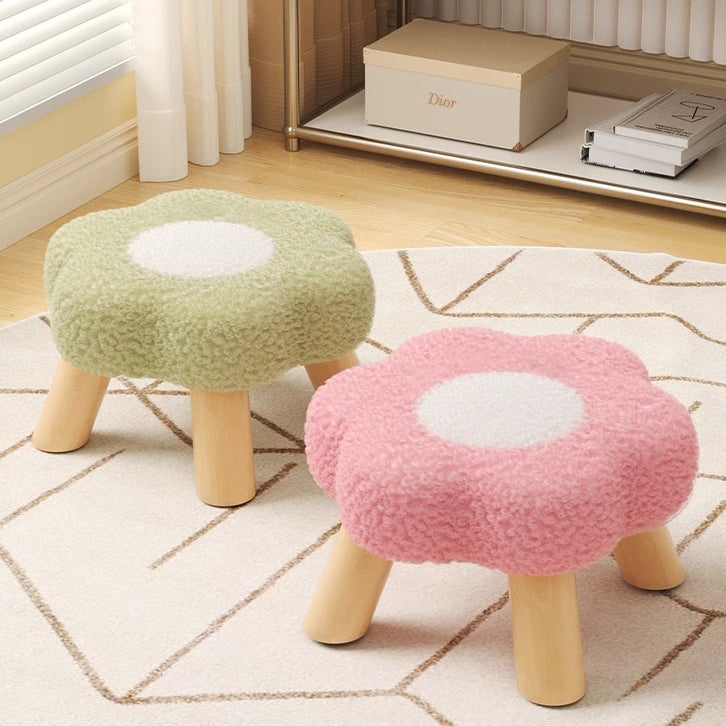 Modern Art Deco Faux Fleece Solid Wood Flower-Shaped Cylinder Low Stool For Bedroom & Living Room