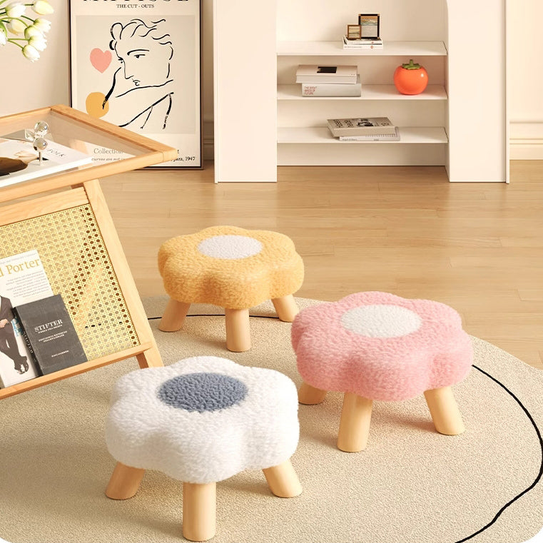 Modern Art Deco Faux Fleece Solid Wood Flower-Shaped Cylinder Low Stool For Bedroom & Living Room