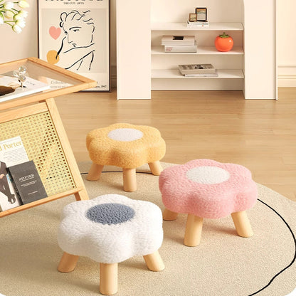 Modern Art Deco Faux Fleece Solid Wood Flower-Shaped Cylinder Low Stool For Bedroom & Living Room